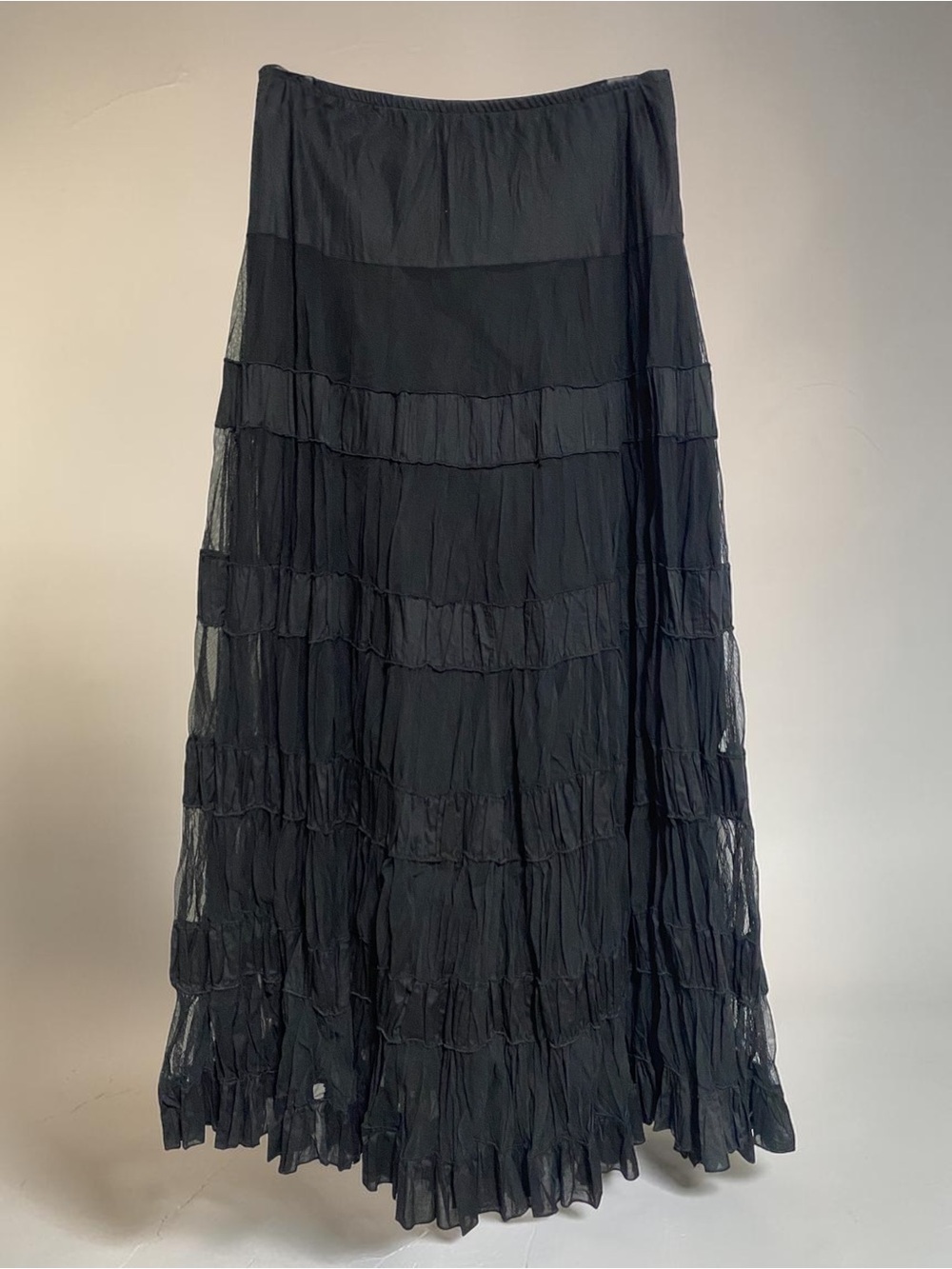Karen Kane Long Maxi Skirt Black Semi Sheer Layered Tiered Flowy Goth Boho